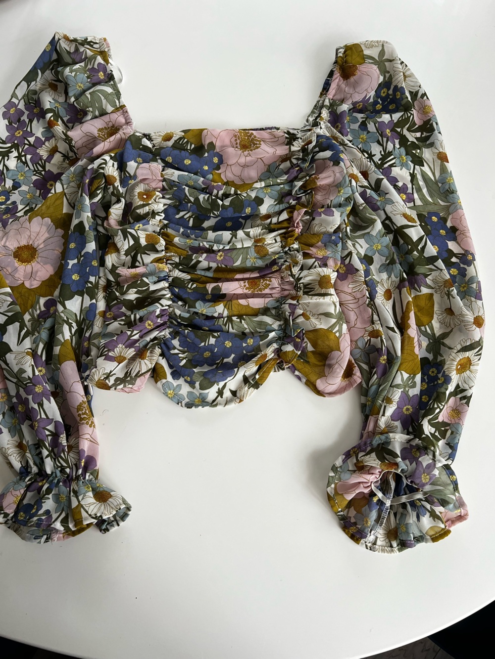Astr Floral Ruched Puff-Sleeve Crop Top — Cream, Pink, Blue & Olive